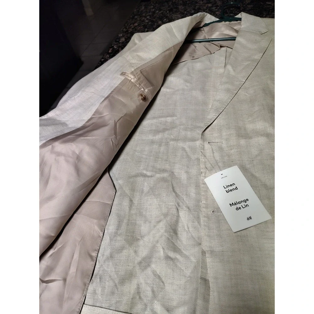 New H&M Slim Fit Linen 2 Button Jacket Blazer Light Beige Size 50Regular